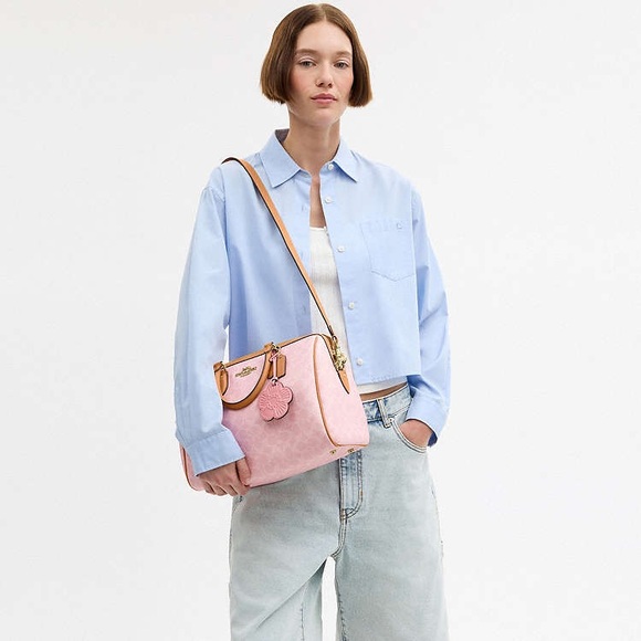 Coach Powder Pink Rowan Large Satchel Bag In Signature With Charms NWT - Picture 5 of 9